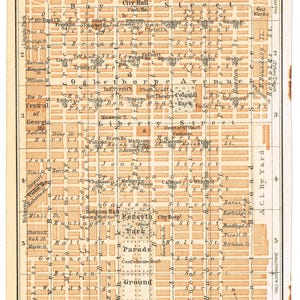 May include: A vintage-style map of Savannah, Georgia, printed in shades of orange and black. The map features a grid of city streets, the Savannah River at the top, Forsyth Park, and a scale bar showing measurements in feet and meters.