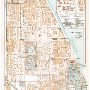 May include: A vintage map titled CHICAGO II, featuring a detailed grid of city streets, Washington Park, and Jackson Park. The map uses tan, white, and blue colors to illustrate urban blocks, water, and green spaces, with a scale of 1:33,330.
