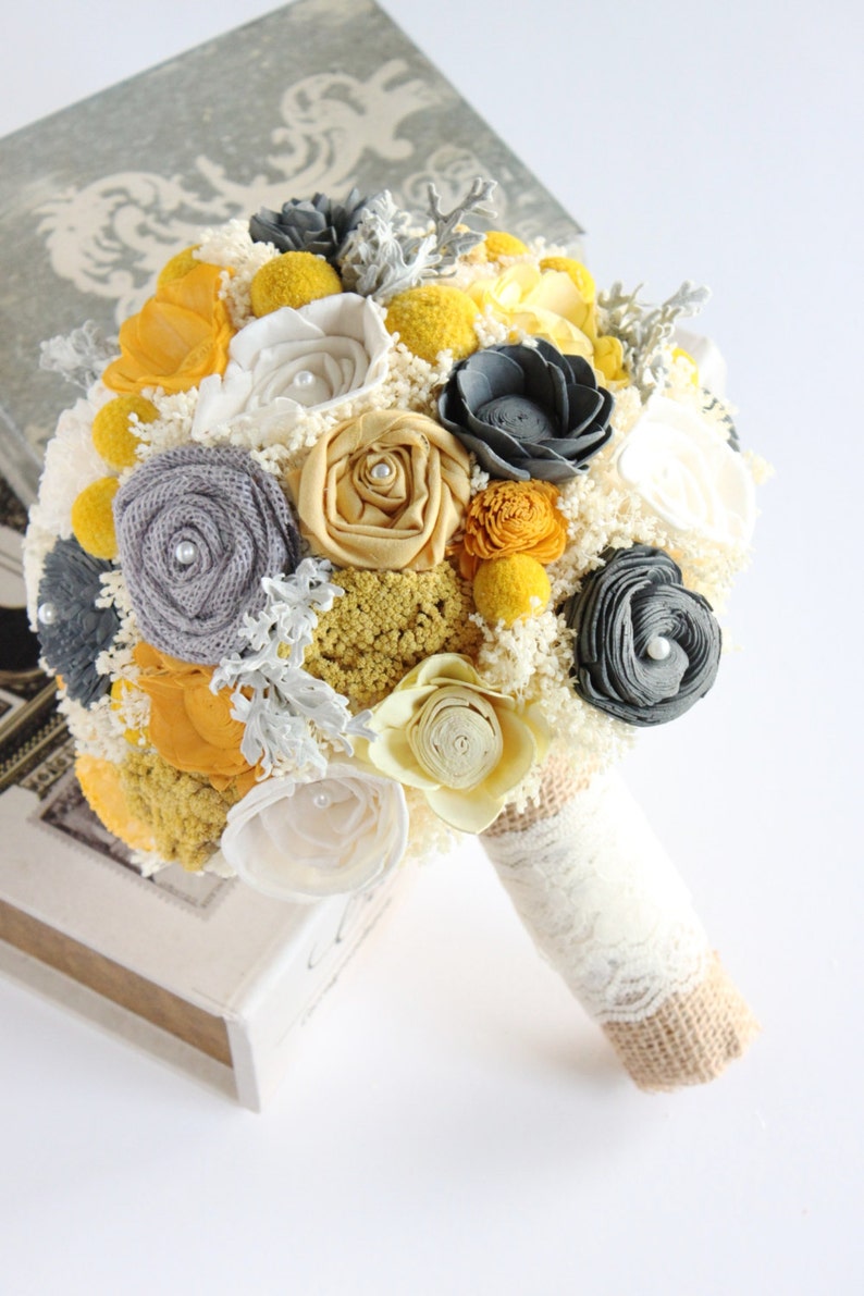 Wedding BouquetYellow Mustard Gray Sola Flower Bridal Etsy