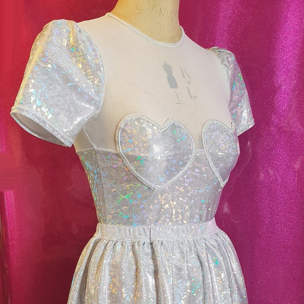 Holographic SILVER holo DISCO TITS sheer sparkle top and skirt set