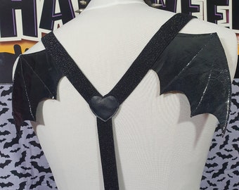 Spoopy black glitter BAT! wings BRACES SUSPENDERS with skull clips