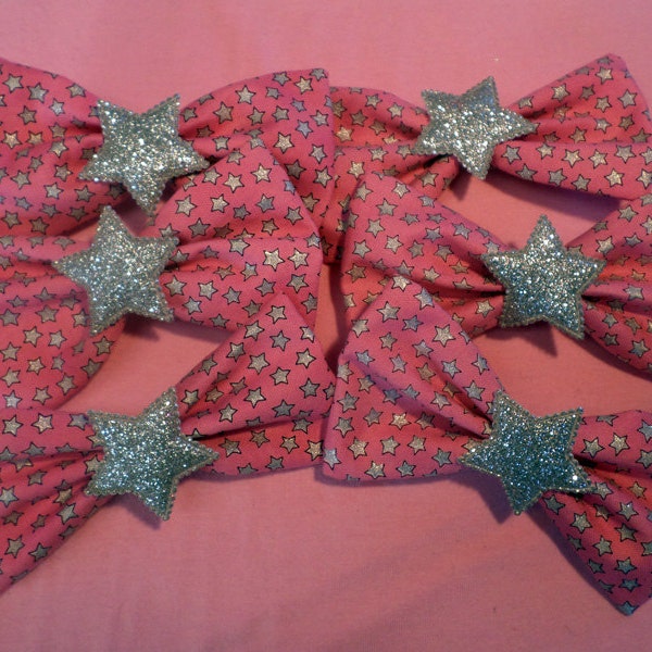 KAWAII pastel pink and GLITTER puffy silver STAR hair bow - Small or Large