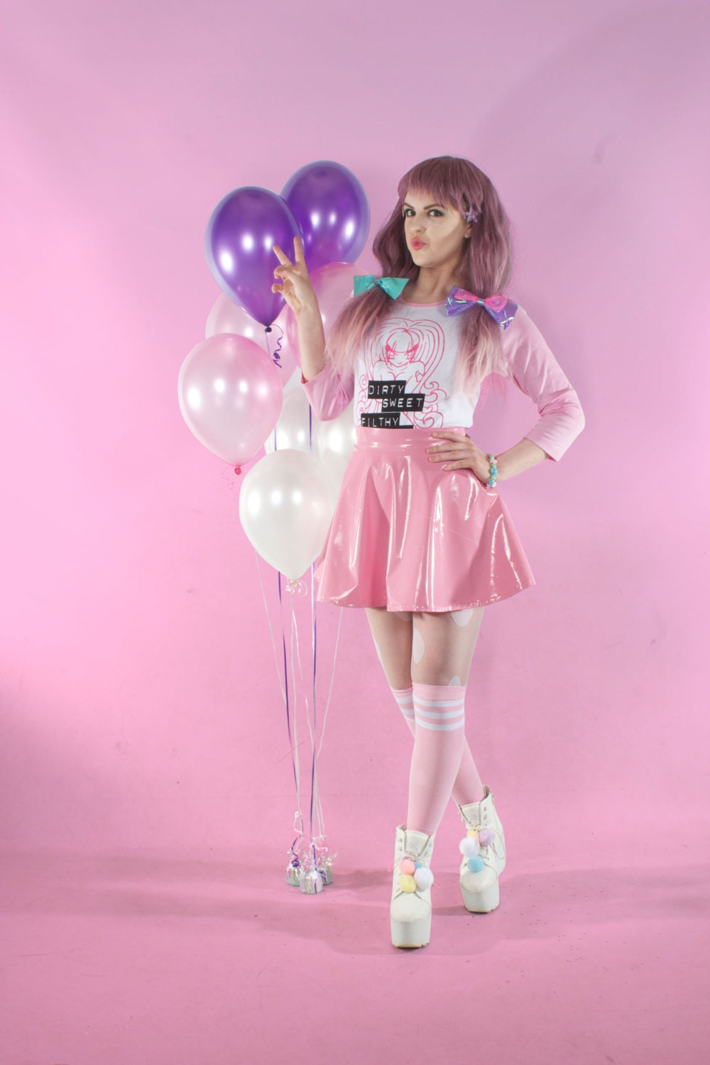 Pastel PINK PVC skater skirt with removable BOW back Clothing Womens Clothing Skirts 