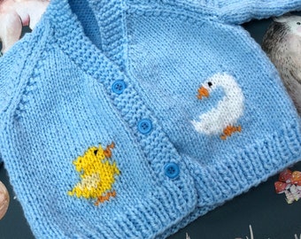 Hand knitted traditional baby cardigan, Goose ,chick ,Heirloom . Coming home sweater , gift  0/3 months