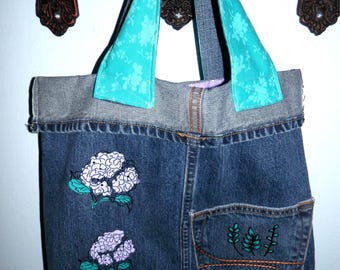 Handmade Denim Tote Bag, Purple Hydrangea Applique, Polka Dot Lined Jean Purse, Denim Tote Bag, Fun Denim Book Bag, Shabby Chic Jean Bag