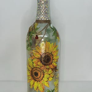 DECOUPAGE LIQUOR BOTTLE, Upcycle Decoupage Bottle, Sunflower Decoupage Bottle, Shabby Chic Decor, Repurposed Liquor Bottle Decor