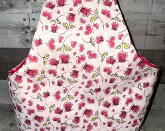 Handmade Cotton Yarn Bag Tote, Pink Heart Craft Project Bag, Shabby Craft Tote, Handmade Crochet Tote Bag, Shabby Chic Sewing Project Bag