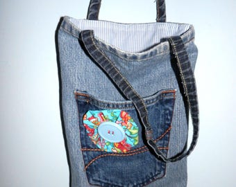 Handmade Denim Tote Bag, Blue Jean Purse with Pocket, Denim Small Tote Bag, Hand Sewn Denim Tote Bag, Fun Jean Tote