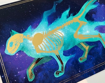 Cosmic Cat Golden Foil Print Birthday Gift Fantasy Art Wall Art