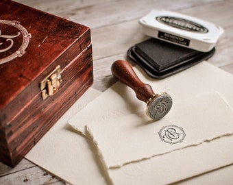 Vintage Monogram Rubber Stamp with Custom Wooden Box