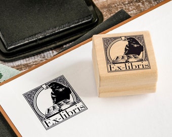 Crow Ex Libris Rubber Stamp: Personalized Library Stamp with Ink Pad