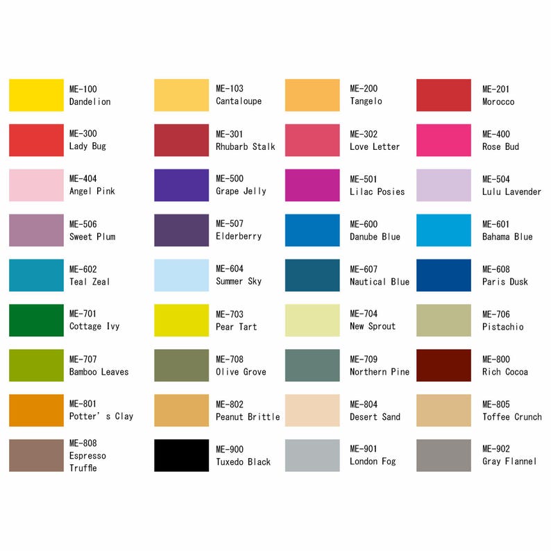 May include: A color chart with 36 different color swatches. Each swatch is labeled with a color name and a code, such as "ME-100 Dandelion" or "ME-900 Tuxedo Black".