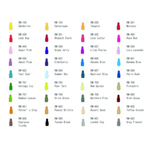 May include: A color chart with 36 small paint samples, each labeled with a color name and a code. The colors range from yellow to red, pink, purple, blue, green, brown, and gray.