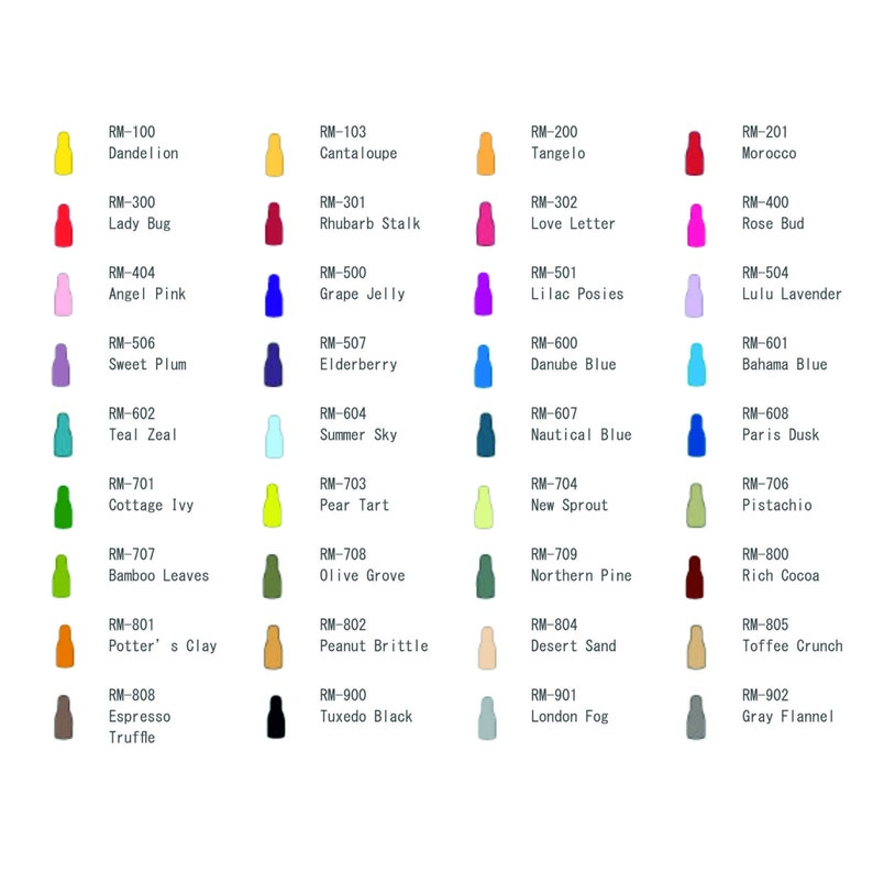 May include: A color chart with 36 small paint samples, each labeled with a color name and a code. The colors range from yellow to red, pink, purple, blue, green, brown, and gray.