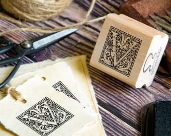 Letter V Monogram Rubber Stamp: Personalized Stationery, Library Stamp
