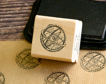 ASTROLABE Wooden Block Rubber Stamp - Nautical Astronomy Craft Tool Design