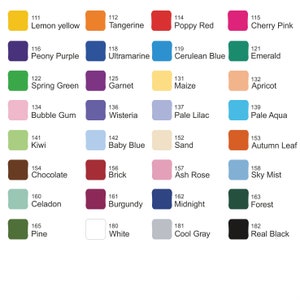 May include: A color chart with 18 different colors, each with a number and a name. The colors are arranged in a grid of 4 columns and 5 rows. The colors include lemon yellow, tangerine, poppy red, cherry pink, peony purple, ultramarine, cerulean blue, emerald, spring green, garnet, maize, apricot, bubble gum, wisteria, pale lilac, pale aqua, kiwi, baby blue, sand, autumn leaf, chocolate, brick, ash rose, sky mist, celadon, burgundy, midnight, forest, pine, white, cool gray, and real black.