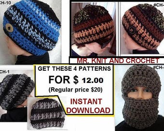 4 CROCHET PATTERNS - Hat Patterns -  Get these 4 UNISEX Crochet Hat Patterns - for 12 Dollars. Free pattern in my shop announcement