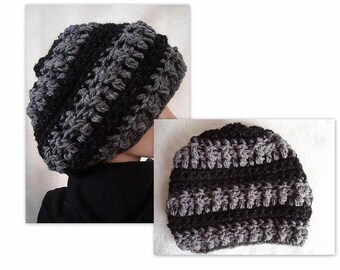 HAT Crochet PATTERN, Unisex hat, adult size, pattern # CH1, Grey and Black slouchy hat, free crochet headband pattern