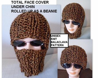 Knitting PATTERN, Knit Balaclava, Ski Hat, Beanie, Easy flat knit, 1 hour pattern, sizes: 1 year to adult,