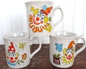 Set Of 3 Adorable Vintage Circus Mugs, Childrens Birthday Clown Mugs From Japan