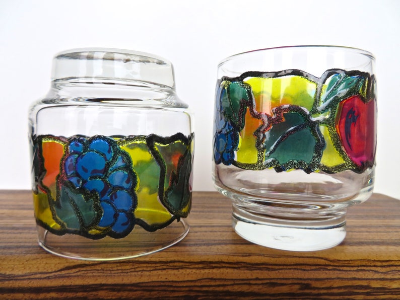 Set Of 4 Libbey Stained Glass Fruit Glasses Vintage Colorful Etsy