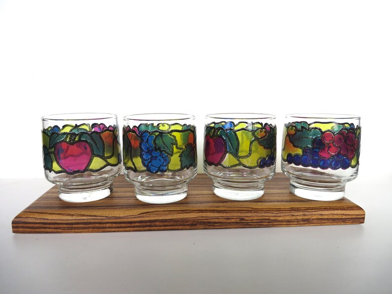 Set Of 4 Libbey Stained Glass Fruit Glasses Vintage Colorful Etsy