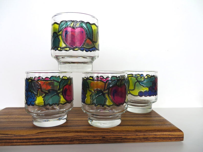 Set Of 4 Libbey Stained Glass Fruit Glasses Vintage Colorful Etsy