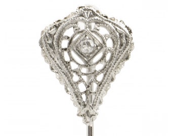 Edwardian 14K White Gold Diamond Stickpin: Antique Filigree Pin