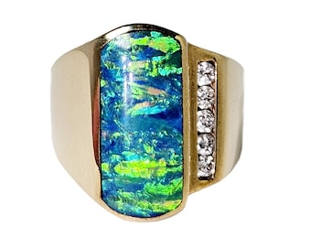 Estate 14K Gold Black Opal Ring with Diamonds: Modern Design, Size 6.5
