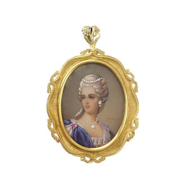 Vintage Hand Painted Lady Portrait Brooch Pendant in 18K Gold Frame - Made in Italy - 2" Tall