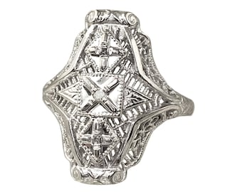 10K White Gold Edwardian Revival Ring with 3 Diamonds - Pinky Size 3.75