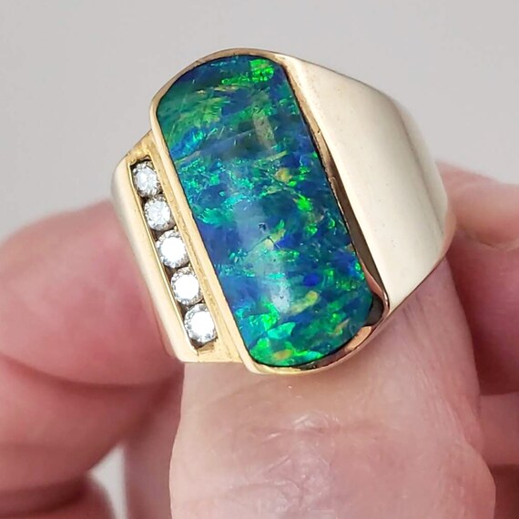 14K Gold, Black Opal & Diamond Ring - Unique Cont… - image 7