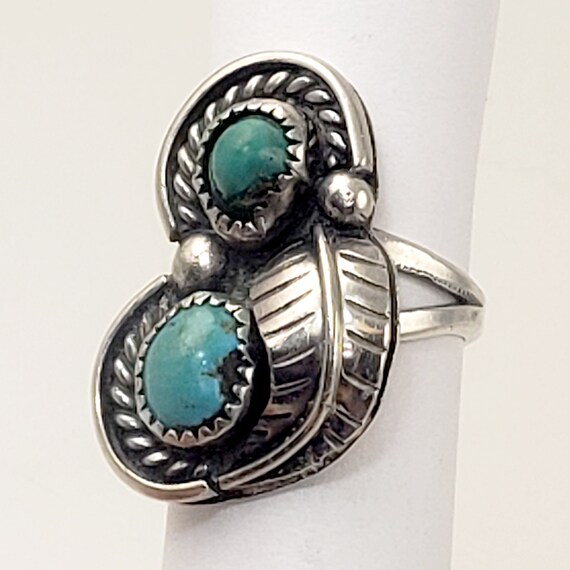 Silver and Double Turquoise Ring Signed E Ration … - image 2
