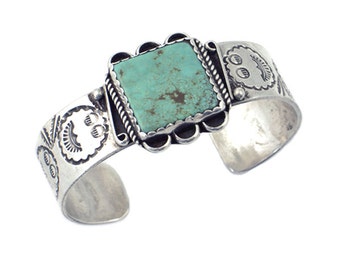 Vintage Silver & Turquoise Cuff Bracelet - Southwestern Cuff Signed HH - 7" Inner Circumference