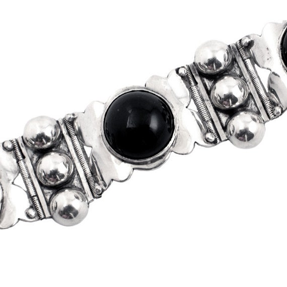Vintage Silver & Black Onyx Link Bracelet  - 2.5 … - image 2