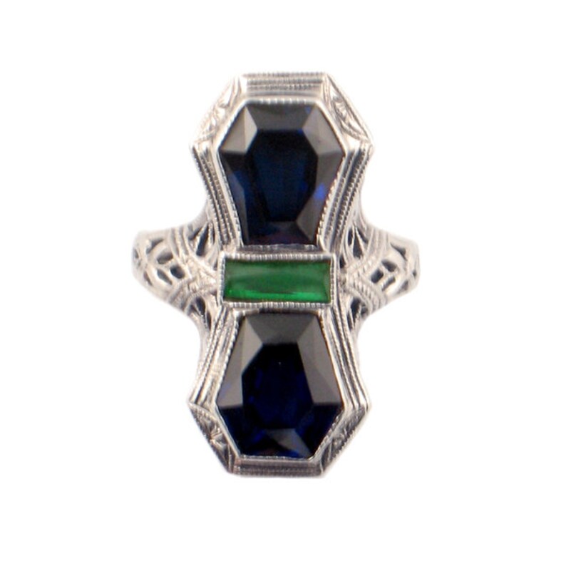 Art Deco Pinky Ring 14K White Gold Simulated Sapphires & Etsy