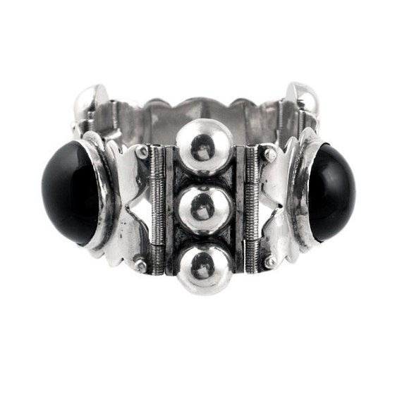 Vintage Silver & Black Onyx Link Bracelet  - 2.5 … - image 3