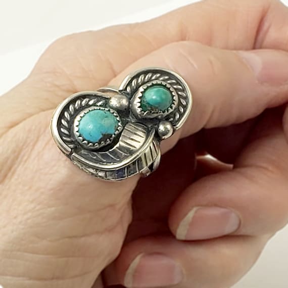 Silver and Double Turquoise Ring Signed E Ration … - image 6