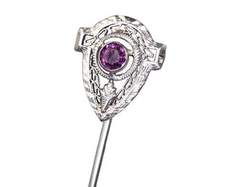 Antique 14K White Gold and Amethyst Stickpin - Edwardian Filigree - 2.5" Tall