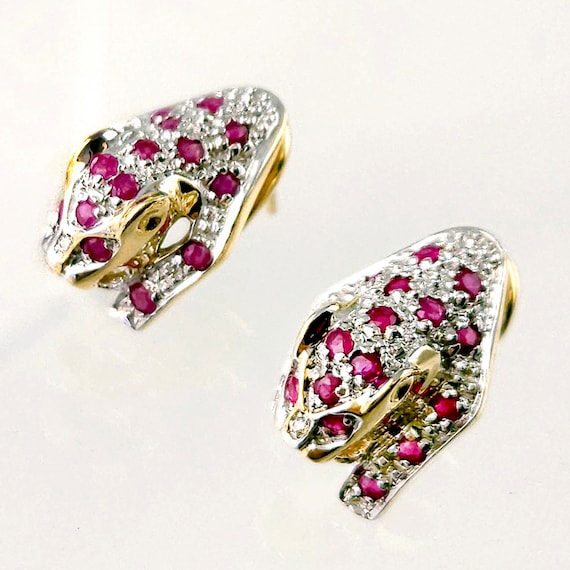 14K Gold Ruby Diamond Panther Earrings: Two-Tone … - image 4