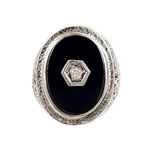 14K White Gold, Black Onyx and White Topaz Ring - Art Deco Revival - Size 5
