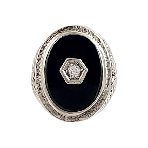 14K White Gold, Black Onyx and White Topaz Ring -… - image 1