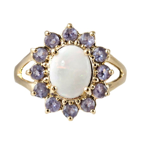 Vintage 14K Gold, Opal and Iolite Halo Ring - Siz… - image 1