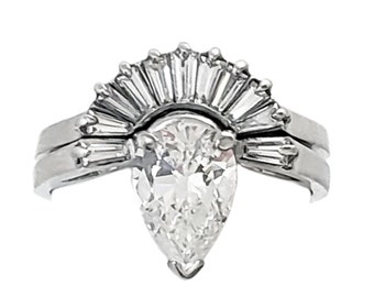 Vintage Platinum Bridal Set with 1.4 ctw Diamonds - Pear Cut Stone - Size 4.75