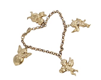 Vintage 14K Gold Cherub Charm Bracelet - 4 Puffy Italian Putti Cupids - 7.25" Long