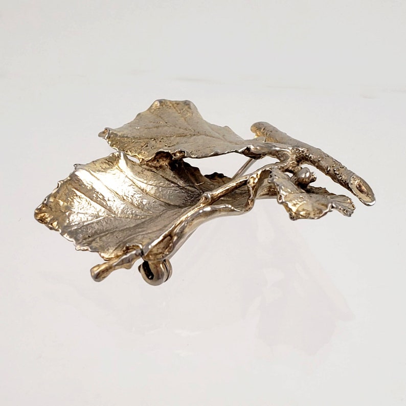 Vintage Gilded Sterling Silver Brooch Natural Leaf and Twig Design by Napier 2 Tall