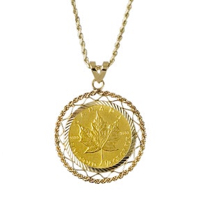 Pure .25 oz. Canadian Maple Leaf Gold Coin in 14K Gold Necklace with Ornate Bezel - 24&quot; Chain