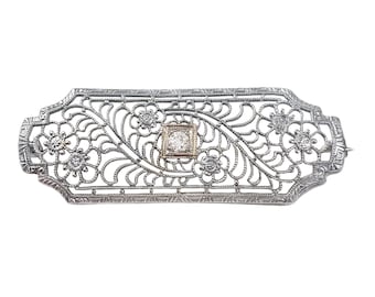Edwardian Filigree Brooch in 10K Gold With Diamond - Elegant  Antique - 1 5/8" Wide