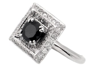 18K Gold, Sapphire & Diamond Ring - Vintage Sapphire Ring- Square White Gold Setting - 40 Diamonds-  Size 6